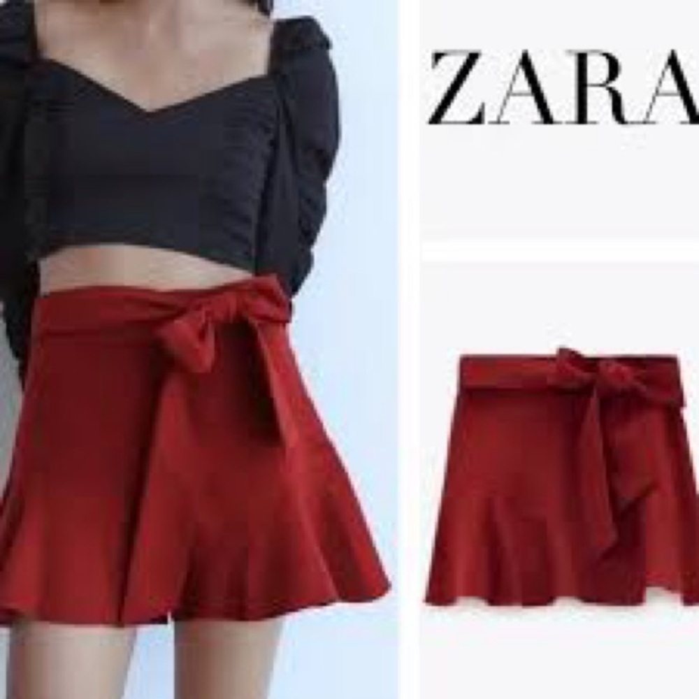 Zara Burgundy Red Bow Flounced Hem Women’s Skirt/Skort with Tie Detail Size L - Picture 15 of 15
